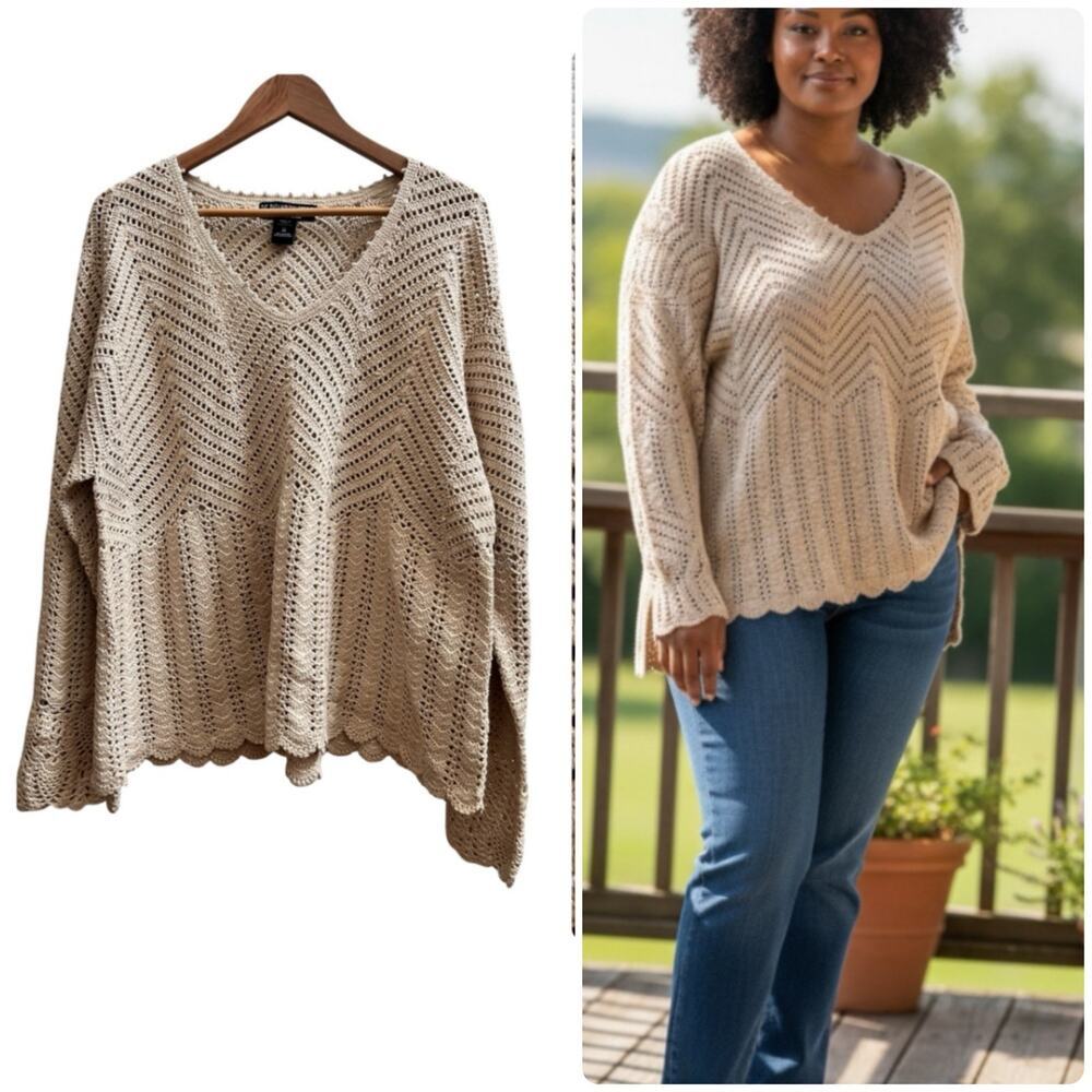 Pyramid Crochet Open Knit Scallop Hem Mini Pearl Embellished V Neck Sweater 3X